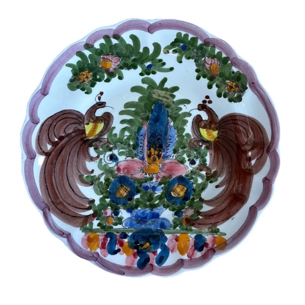 Vintage Greek Skyros Hand-Painted 7.5 Inch Decorative Plate with Peacock Design